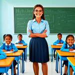 **

A friendly teacher in a bright and welcoming classroom, fully clothed in a modest professional outfit (skirt and blouse). Children are at their desks, engaged in a learning activity. The classroom is decorated with colorful posters and educational materials. Perfect anatomy, correct proportions, natural pose. Safe for work, appropriate content, family-friendly. High quality, professional illustration.

**