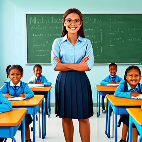 Home 18 **
A friendly teacher in a bright and welcoming classroom, fully clothed in a modest professional outfit (skirt and blouse). Children are at their desks, engaged in a learning activity. The classroom is decorated with colorful posters and educational materials. Perfect anatomy, correct proportions, natural pose. Safe for work, appropriate content, family-friendly. High quality, professional illustration.
**