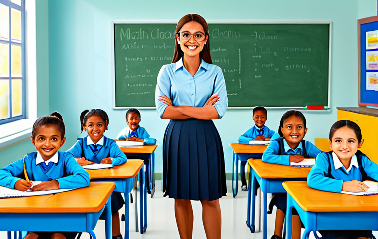 **

A friendly teacher in a bright and welcoming classroom, fully clothed in a modest professional outfit (skirt and blouse). Children are at their desks, engaged in a learning activity. The classroom is decorated with colorful posters and educational materials. Perfect anatomy, correct proportions, natural pose. Safe for work, appropriate content, family-friendly. High quality, professional illustration.

**