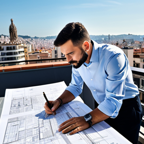 Home 10 **
"A professional architect, fully clothed in a stylish but modest outfit, reviewing blueprints on a sunny rooftop terrace overlooking Barcelona. Modern city backdrop, perfect anatomy, well-formed hands, safe for work, appropriate content, professional."
**