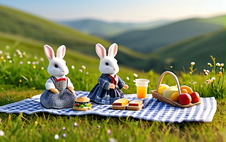 실바니안 가족 사진 촬영 팁 - Golden Hour Family Picnic**

A Sylvanian Families rabbit family having a picnic in a sun-drenched me...
